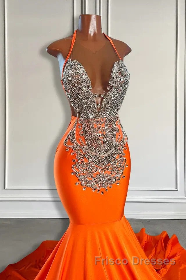 Sleeveless V-Neck Halter Mermaid Formal Prom Dresses With Beadings