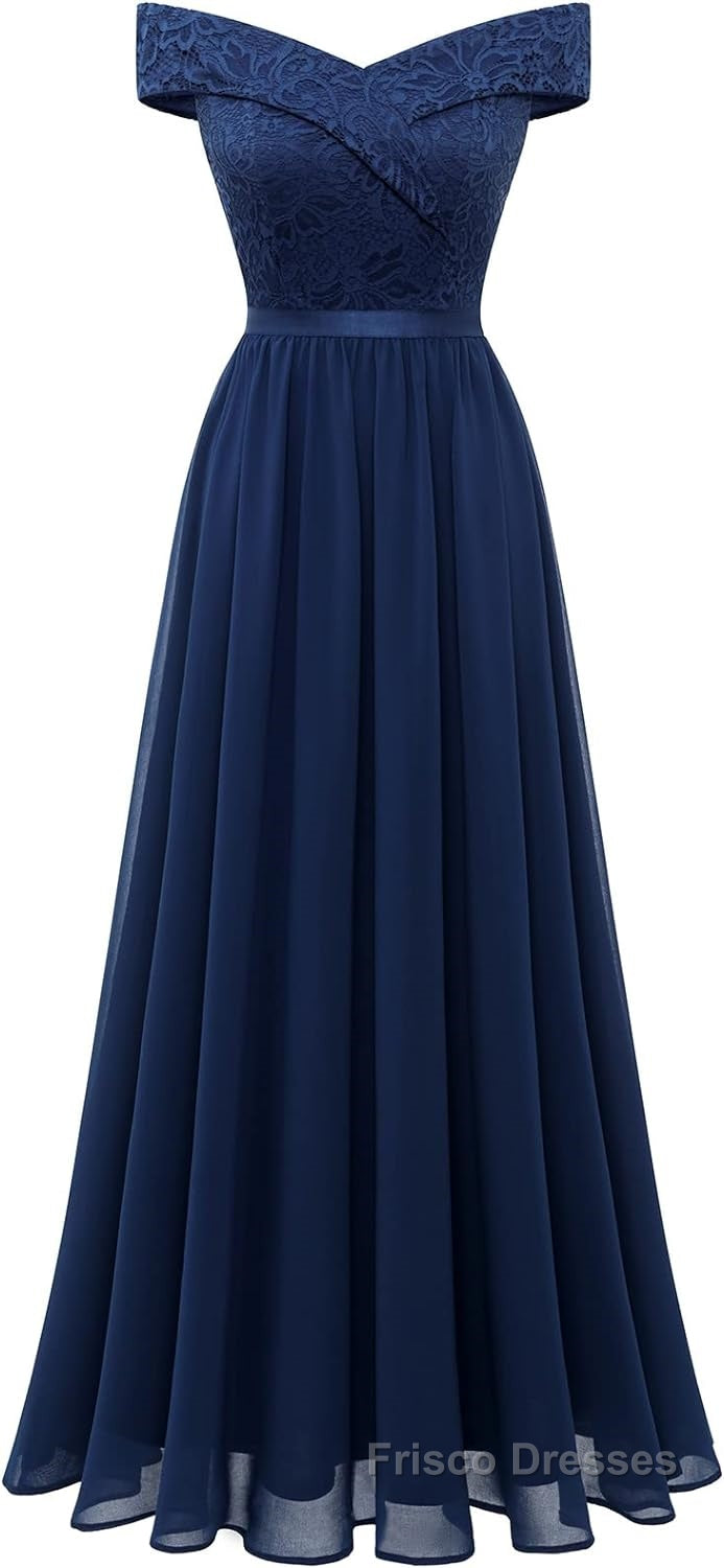 Womens Lace Bridesmaid Dresses A-Line Off Shoulder Floral Lace Chiffon Formal Prom Dresses