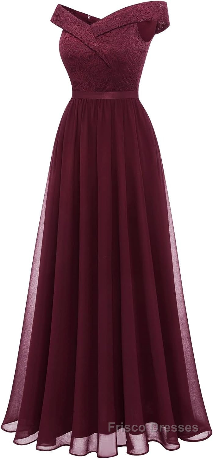 Womens Lace Bridesmaid Dresses A-Line Off Shoulder Floral Lace Chiffon Formal Prom Dresses