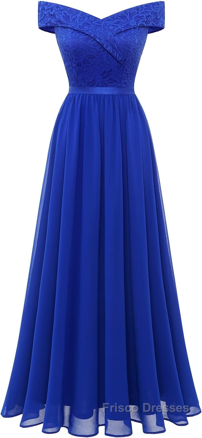 Womens Lace Bridesmaid Dresses A-Line Off Shoulder Floral Lace Chiffon Formal Prom Dresses