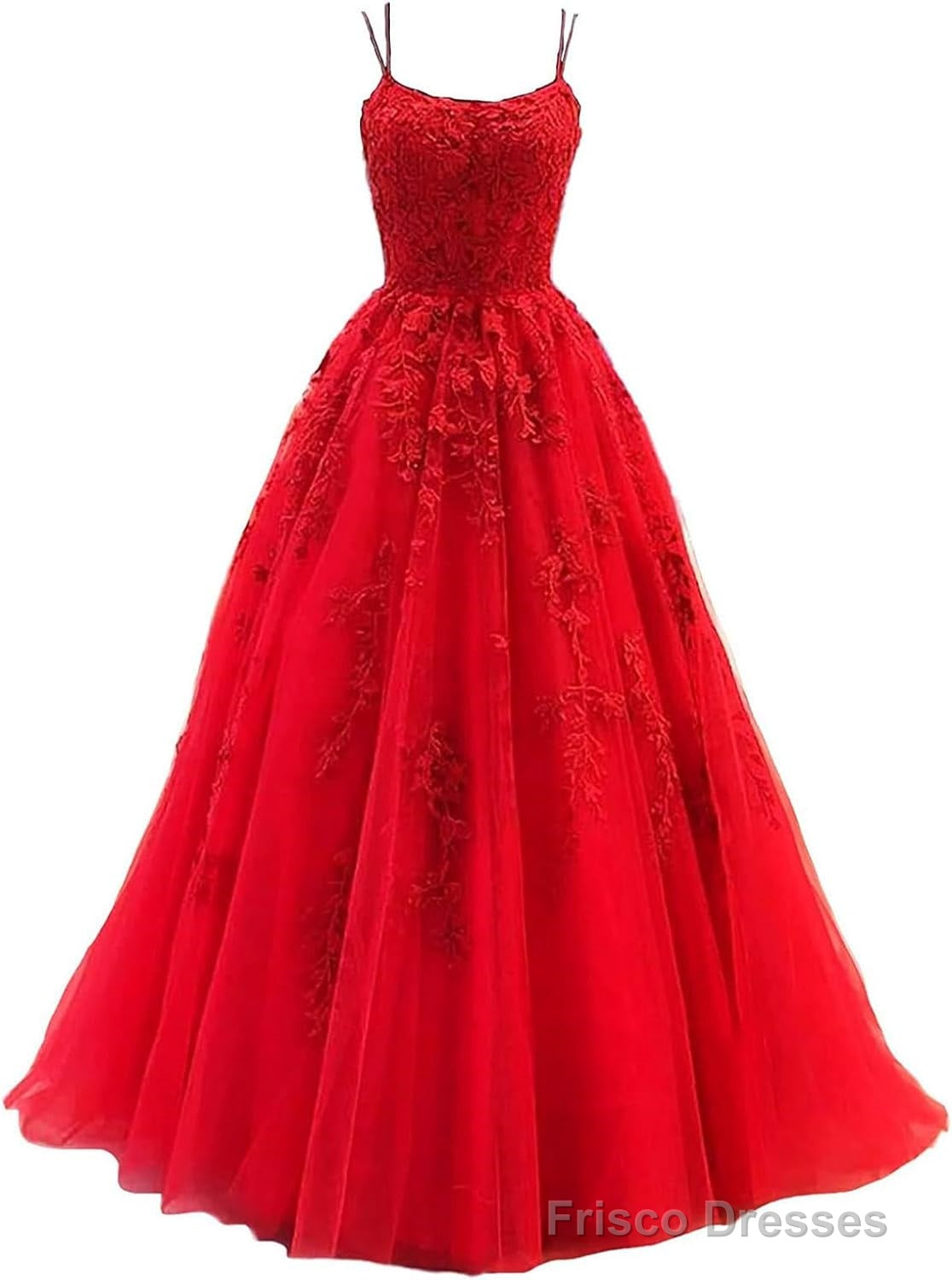 Women's Lace Appliques Prom Dresses Long Spaghetti Strap Ball Gowns Tulle Formal Dresses for Party