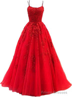 Womens Lace Appliques Prom Dresses Long Spaghetti Strap Ball Gowns Tulle Formal Dress for Party