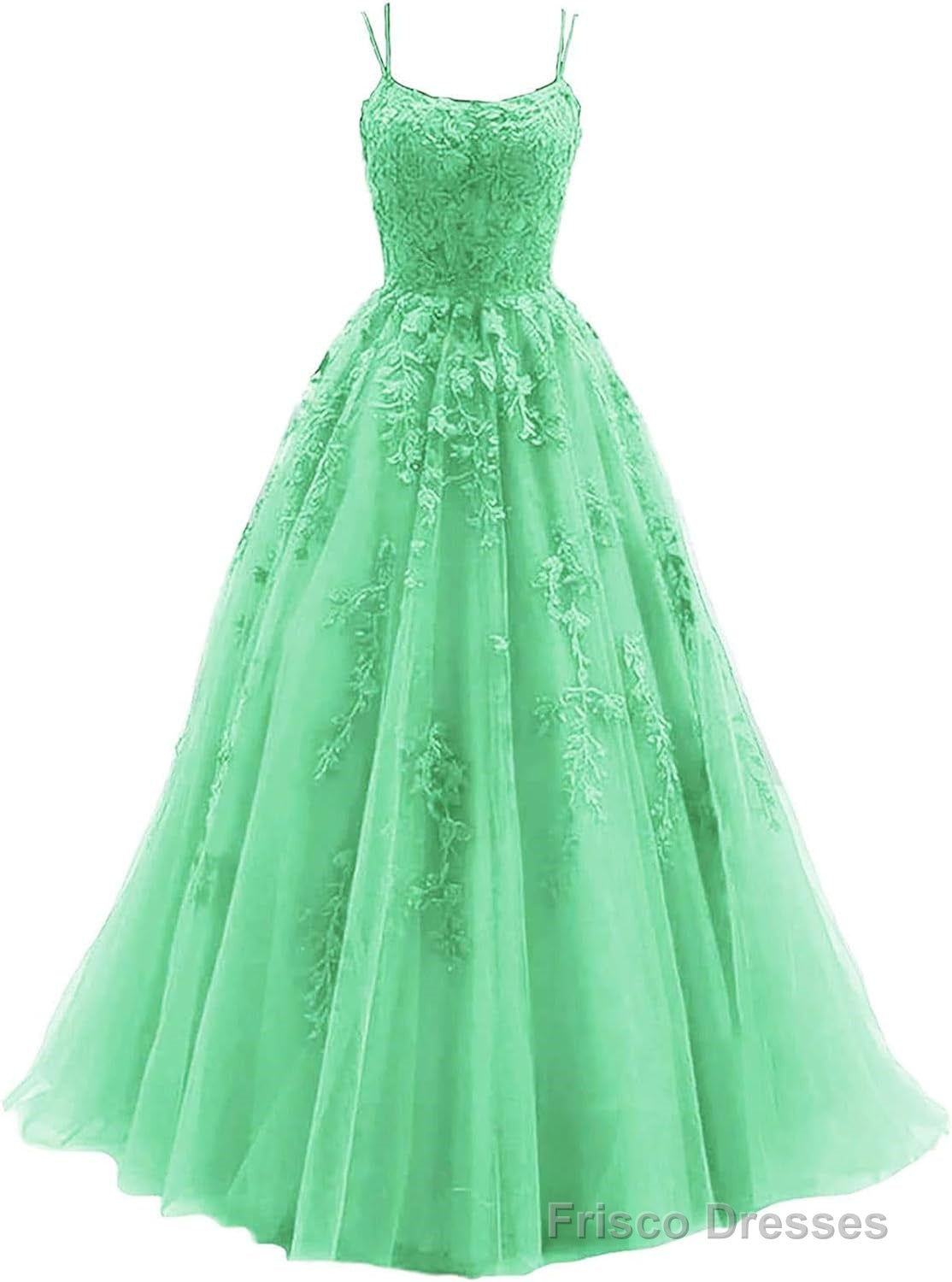 Women's Lace Appliques Prom Dresses Long Spaghetti Strap Ball Gowns Tulle Formal Dresses for Party