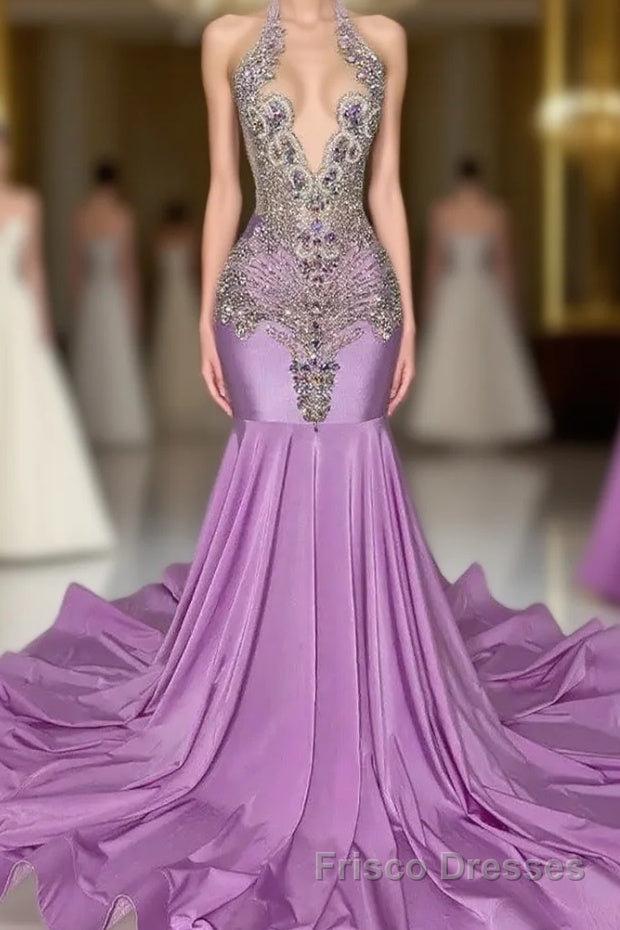 Long Lilac Sleeveless Halter Mermaid Formal Prom Dresses With Beadings Main image