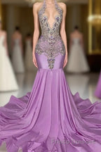 Long Lilac Sleeveless Halter Mermaid Formal Prom Dresses With Beadings