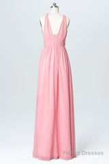 Pink Chiffon Halter Backless A-Line Long Bridesmaid Dress