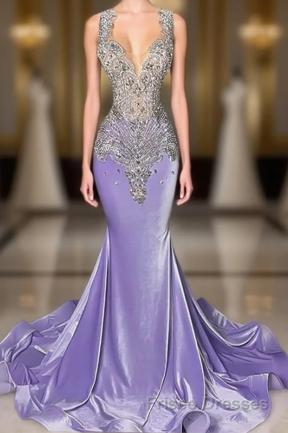 Lilac Mermaid Formal Prom Dresses with Scoop Neckline Sleeveless and Crystal Beadings