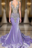 Lilac Mermaid Formal Prom Dresses with Scoop Neckline Sleeveless and Crystal Beadings