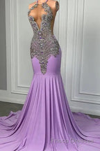 Long Lilac Sleeveless Halter Mermaid Formal Prom Dresses With Beadings