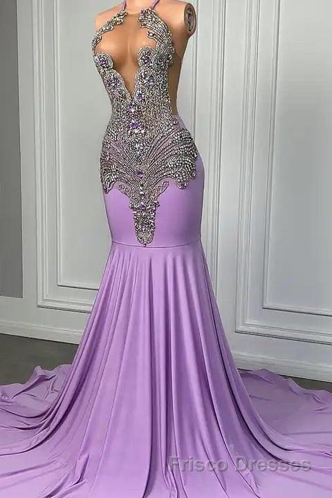 Long Lilac Sleeveless Halter Mermaid Formal Prom Dresses With Beadings