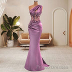 Lilac One Shoulder Mermaid Formal Prom Dresses with Beads