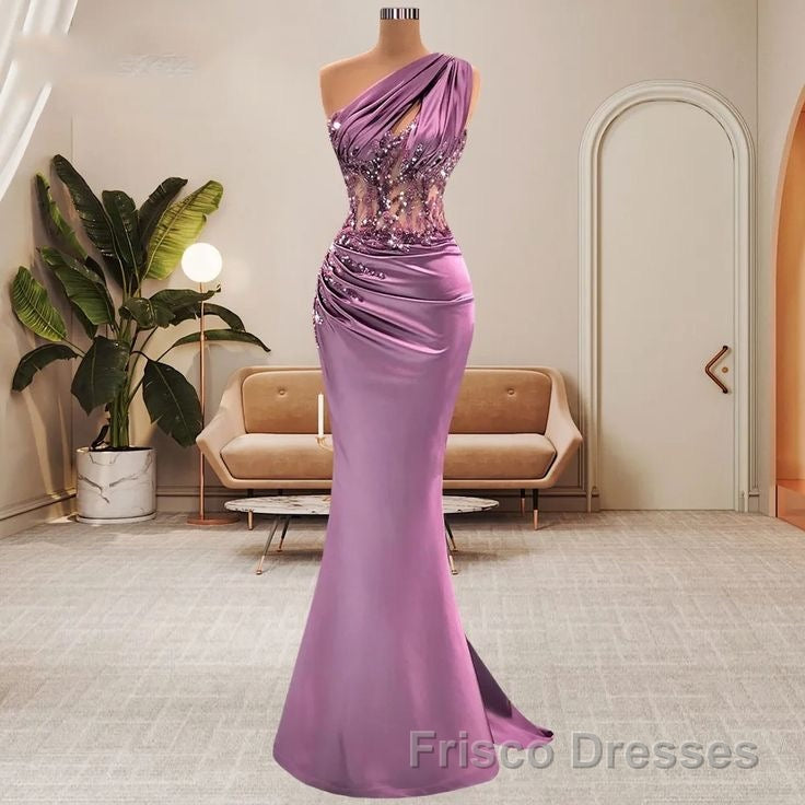 Lilac One Shoulder Mermaid Formal Prom Dresses with Beads