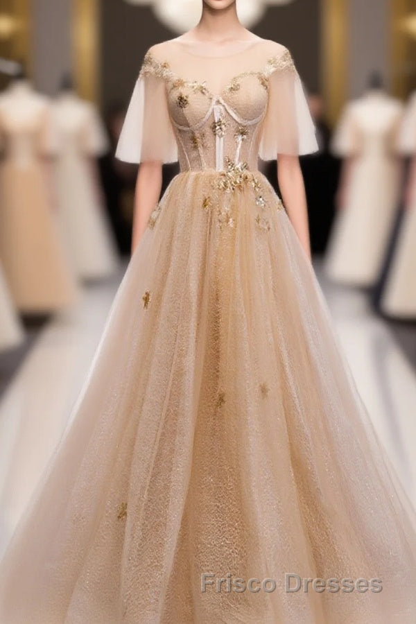 Champagne Round Neck Tulle Lace Long Formal Prom Dress, Formal Prom Dress Main image