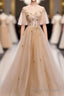 Champagne Round Neck Tulle Lace Long Formal Prom Dress, Formal Prom Dress