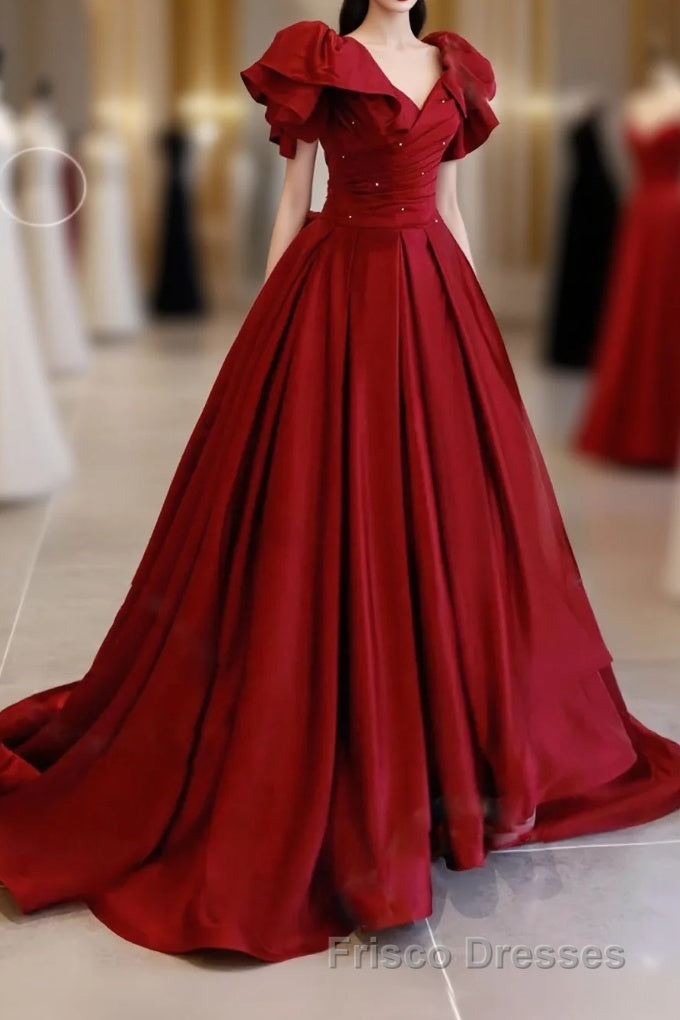 Simple Burgundy Satin Long Formal Prom Dress, Burgundy Long Evening Dress Main image