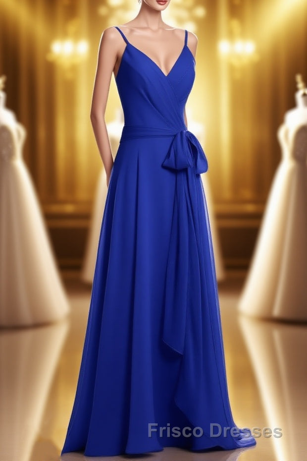 Royal Blue V-Neck Spaghetti Straps Tea-Length Bridesmaid Dress Main image