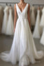 Simple White V Neck Tulle Long Formal Prom Dress, White Evening Dress