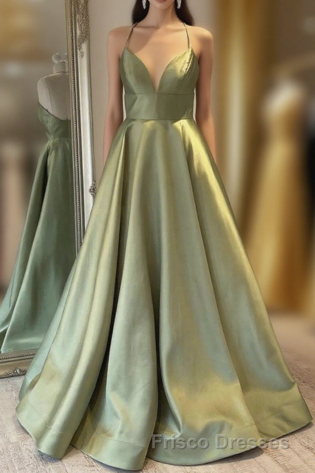Green Simple A Line Satin Spaghetti Straps Long Formal Prom Dress Main image