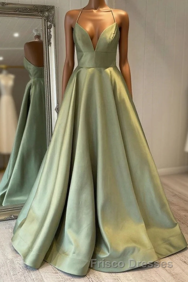 Green Simple A Line Satin Spaghetti Straps Long Formal Prom Dress