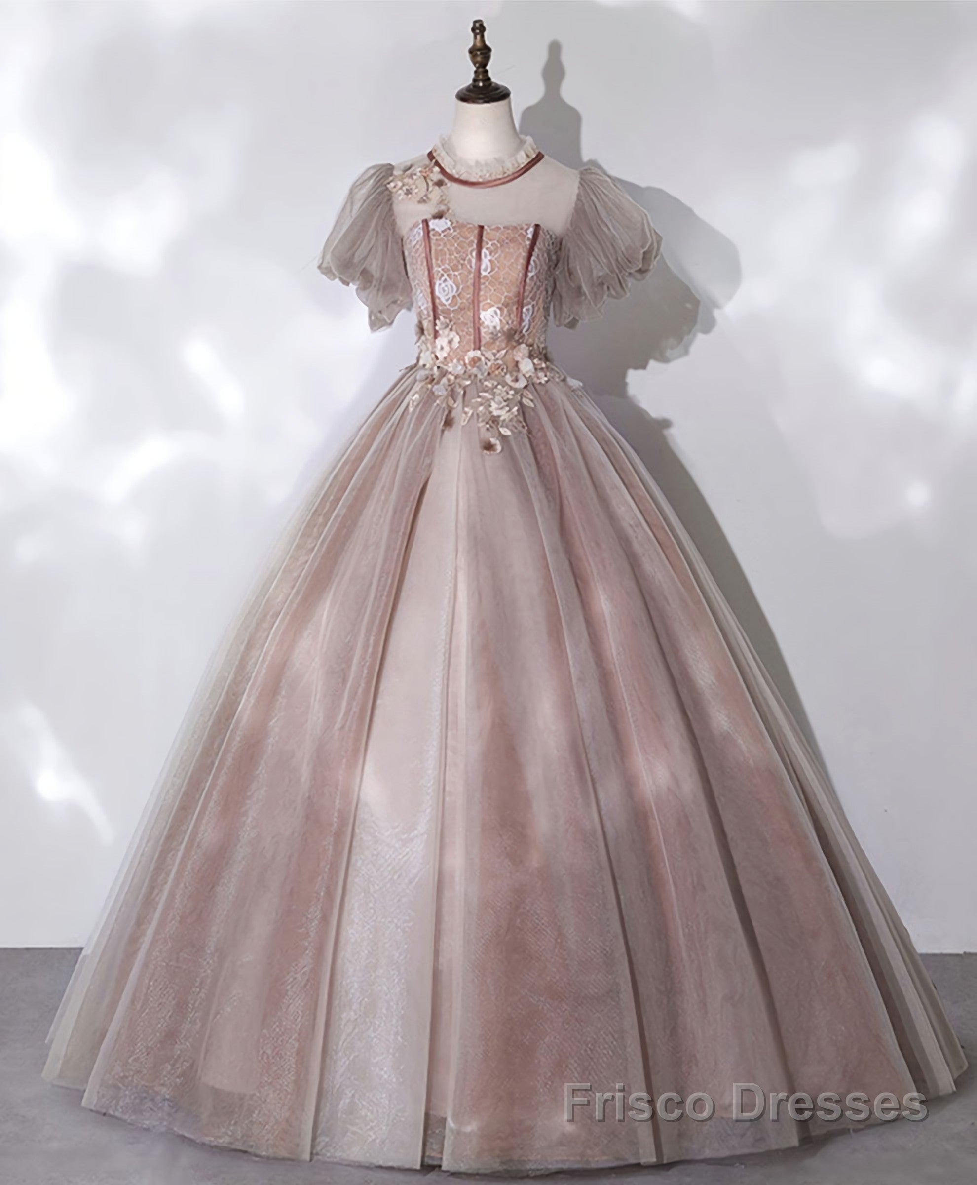 Pink Tulle Lace Long Prom Dress, Pink Lace Sweet 16 Dress, 1 Main image
