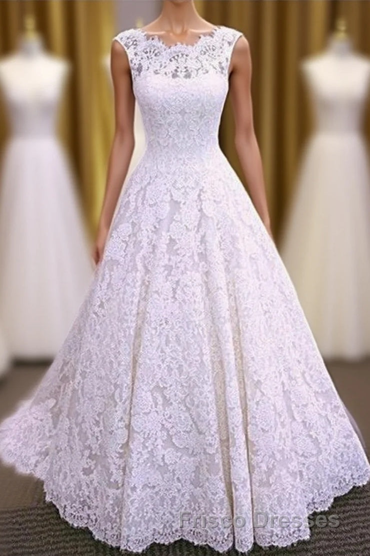 Chic Round Neck Open Back A Line Sleeveless Lace Appliques Wedding Dress Main image