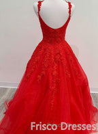Red Tulle Lace A Line Formal Prom Evening Dress Appliques Long Formal Prom Dress