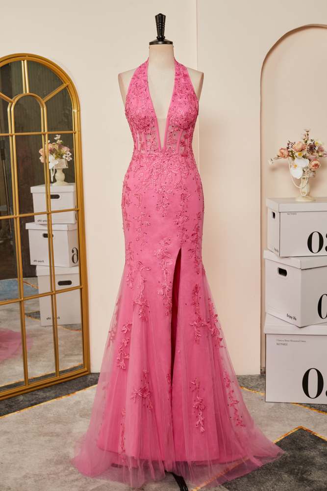 Pink Plunging Halter Appliques Mermaid Long Prom Dresses with Slit