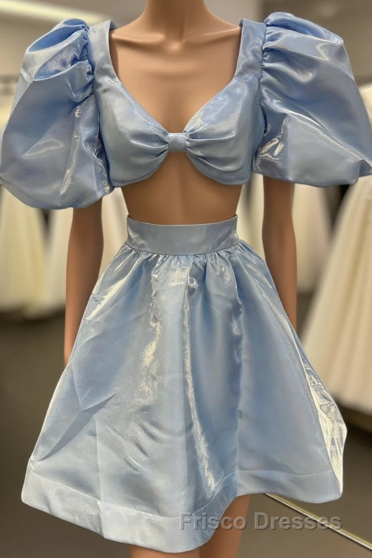 Light Blue Two-Piece Puff Sleeves A-line Homecoming Dress Main image