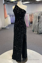 Black Sequin One-Shoulder Cutout Long Prom Dress