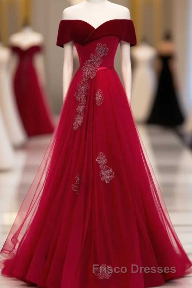Burgundy Tulle Off Shoulder Long Formal Prom Dress, Burgundy Formal Prom Dress Main image