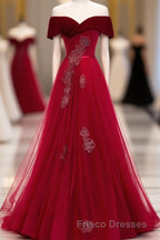 Burgundy Tulle Off Shoulder Long Formal Prom Dress, Burgundy Formal Prom Dress