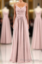 Dusty Pink Spaghetti Straps Banded Waist Long Bridesmaid Dress
