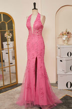Pink Plunging Halter Appliques Mermaid Long Prom Dresses with Slit