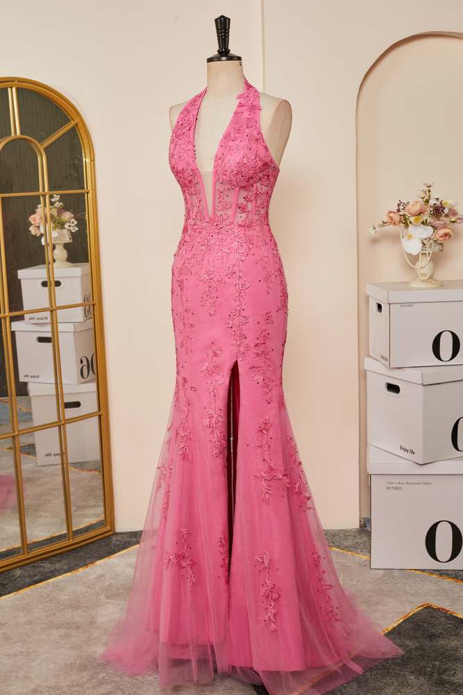 Pink Plunging Halter Appliques Mermaid Long Prom Dresses with Slit