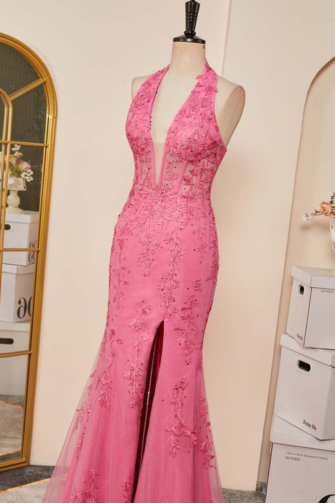 Pink Plunging Halter Appliques Mermaid Long Prom Dresses with Slit