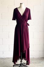 Faux-Wrap V Neck Pleated Chiffon Hi-Low Bridesmaid Dress with Sleeves