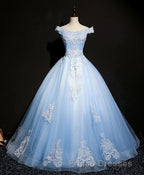 Blue Tulle Lace Off Shoulder Long Formal Prom Dress, Blue Tulle Lace Evening Dress