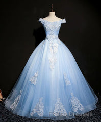 Blue Tulle Lace Off Shoulder Long Formal Prom Dress, Blue Tulle Lace Evening Dress