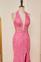 Pink Plunging Halter Appliques Mermaid Long Prom Dresses with Slit