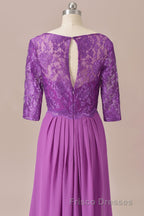 Purple Lace Round Neck Keyhole Back Long Mother of the Bride Dress