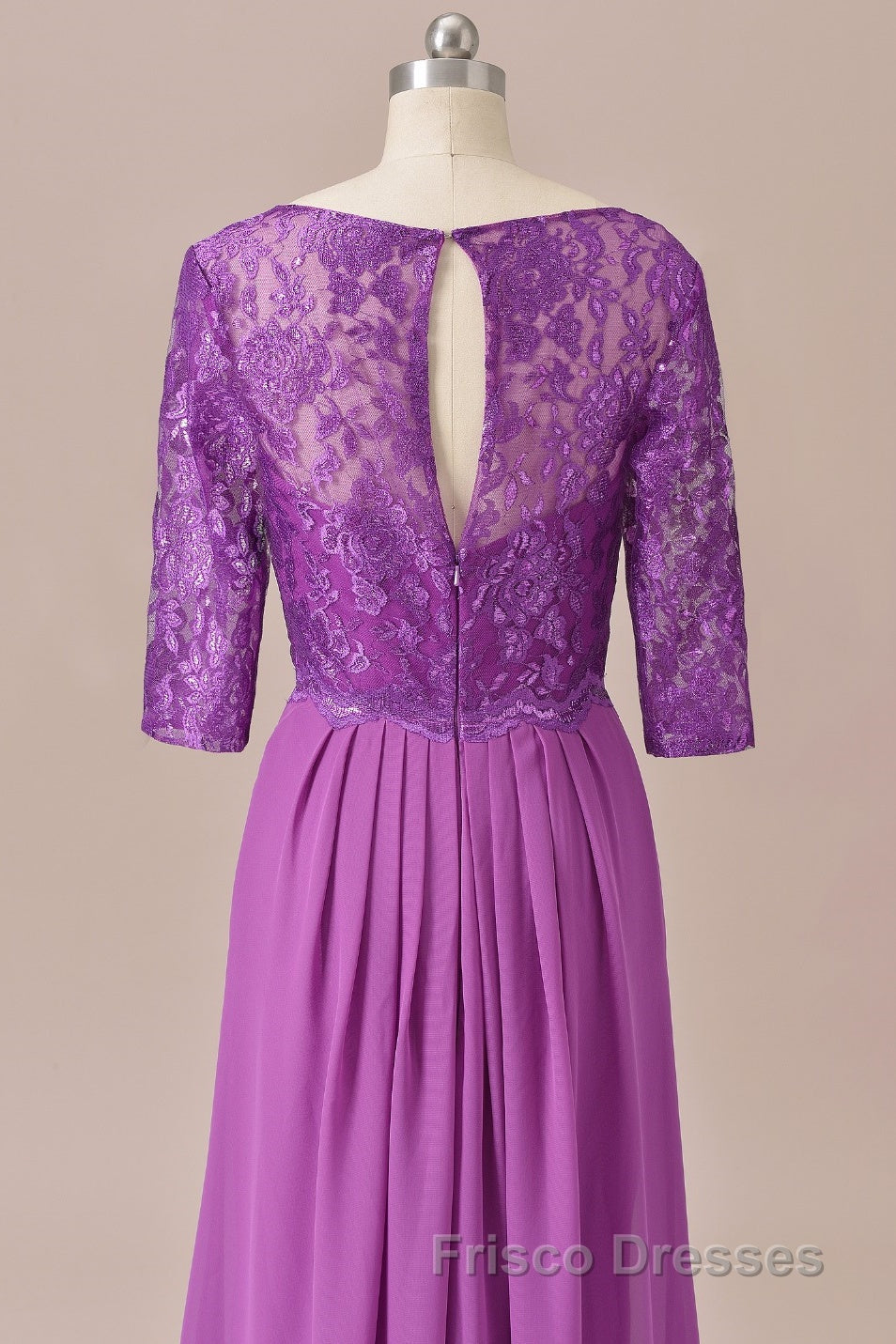 Purple Lace Round Neck Keyhole Back Long Mother of the Bride Dress
