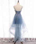 Blue Sweetheart Tulle Lace High Low Formal Prom Dress, Blue Homecoming Dress