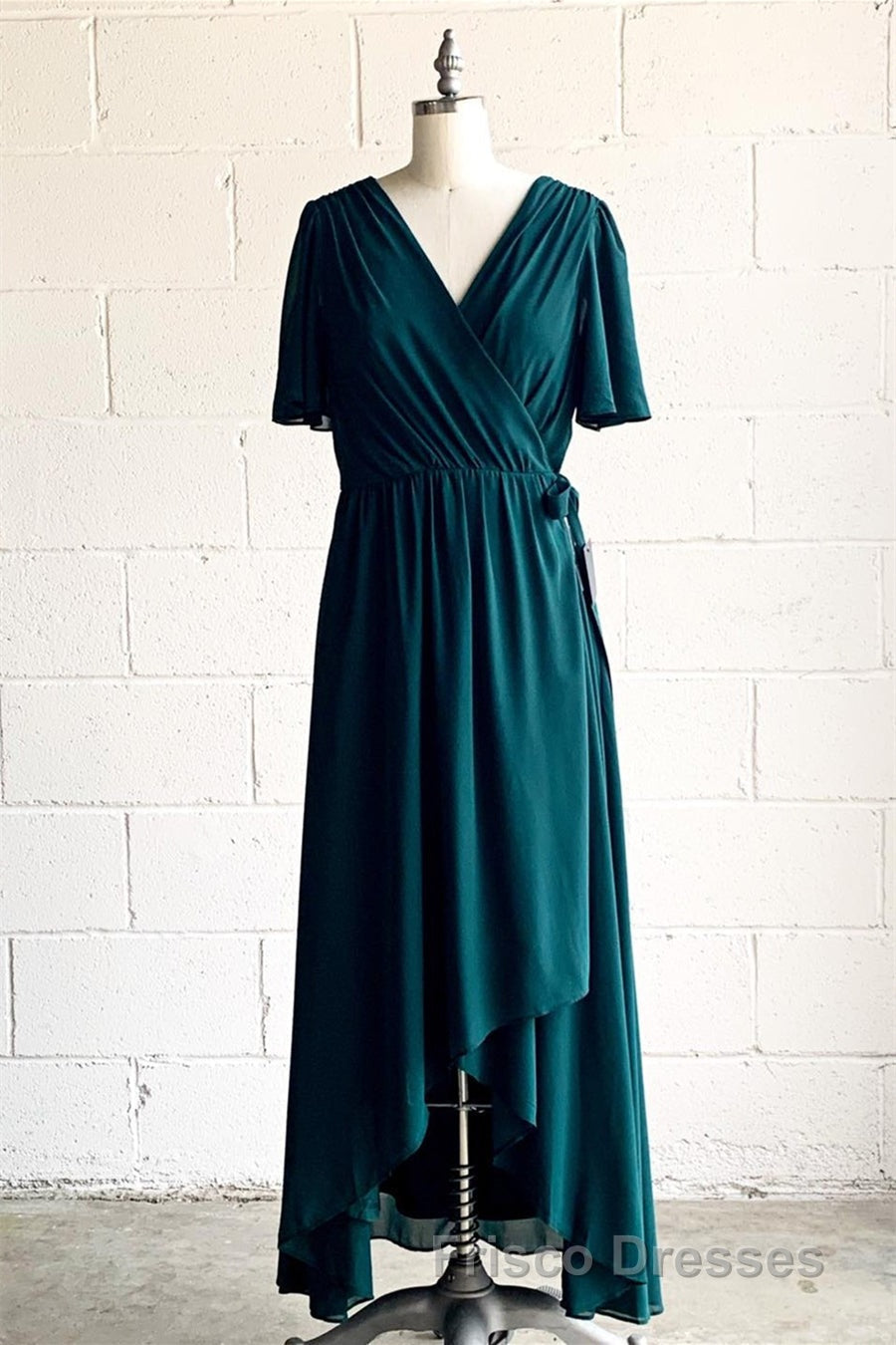 Faux-Wrap V Neck Pleated Chiffon Hi-Low Bridesmaid Dress with Sleeves Secondary image