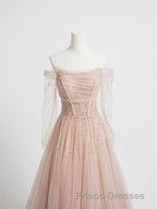 Champagne Pink Tulle Beads Long Formal Prom Dress, Champagne Evening Dress