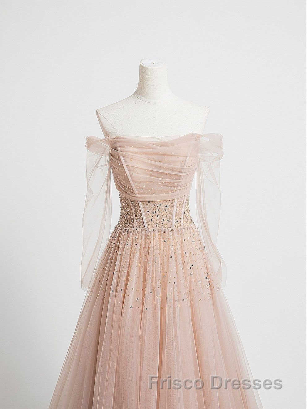 Champagne Pink Tulle Beads Long Formal Prom Dress, Champagne Evening Dress