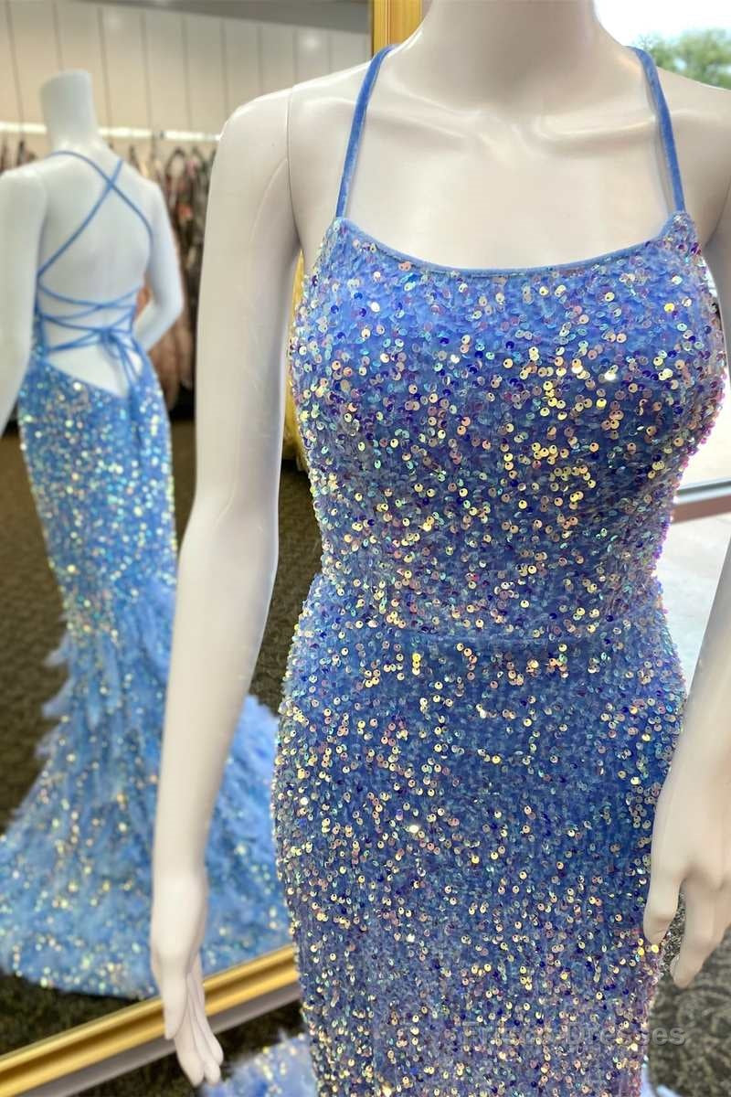 Periwinkle Sequin Lace-Up Mermaid Long Prom Dress with Feathers Main image