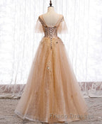 Champagne Round Neck Tulle Lace Long Formal Prom Dress, Formal Prom Dress