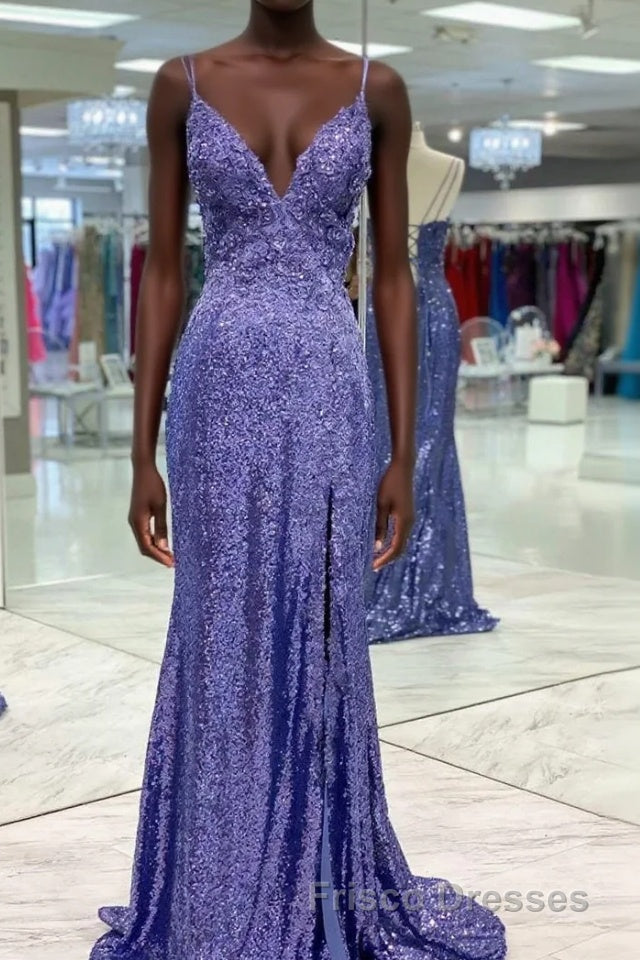 Tight Purple Sequined Long Formal Prom Dress with Slit