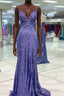 Tight Purple Sequined Long Formal Prom Dress with Slit