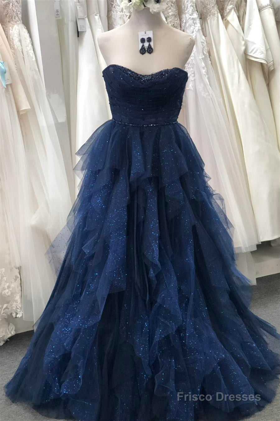 Sparkly Navy Blue Strapless Ruffle Layers Tulle Long Prom Dress Main image